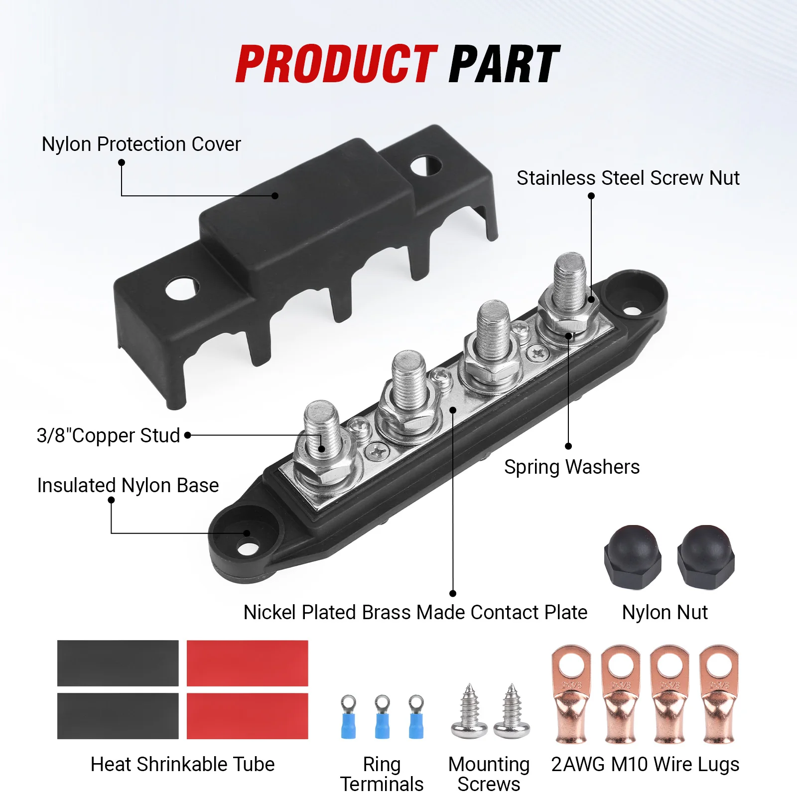 Marine Bus Bar Power Distribution Block 4 Posts Junction Block 12V 250A, M8 M10 Automotive Copper Battery Busbar Terminal Block