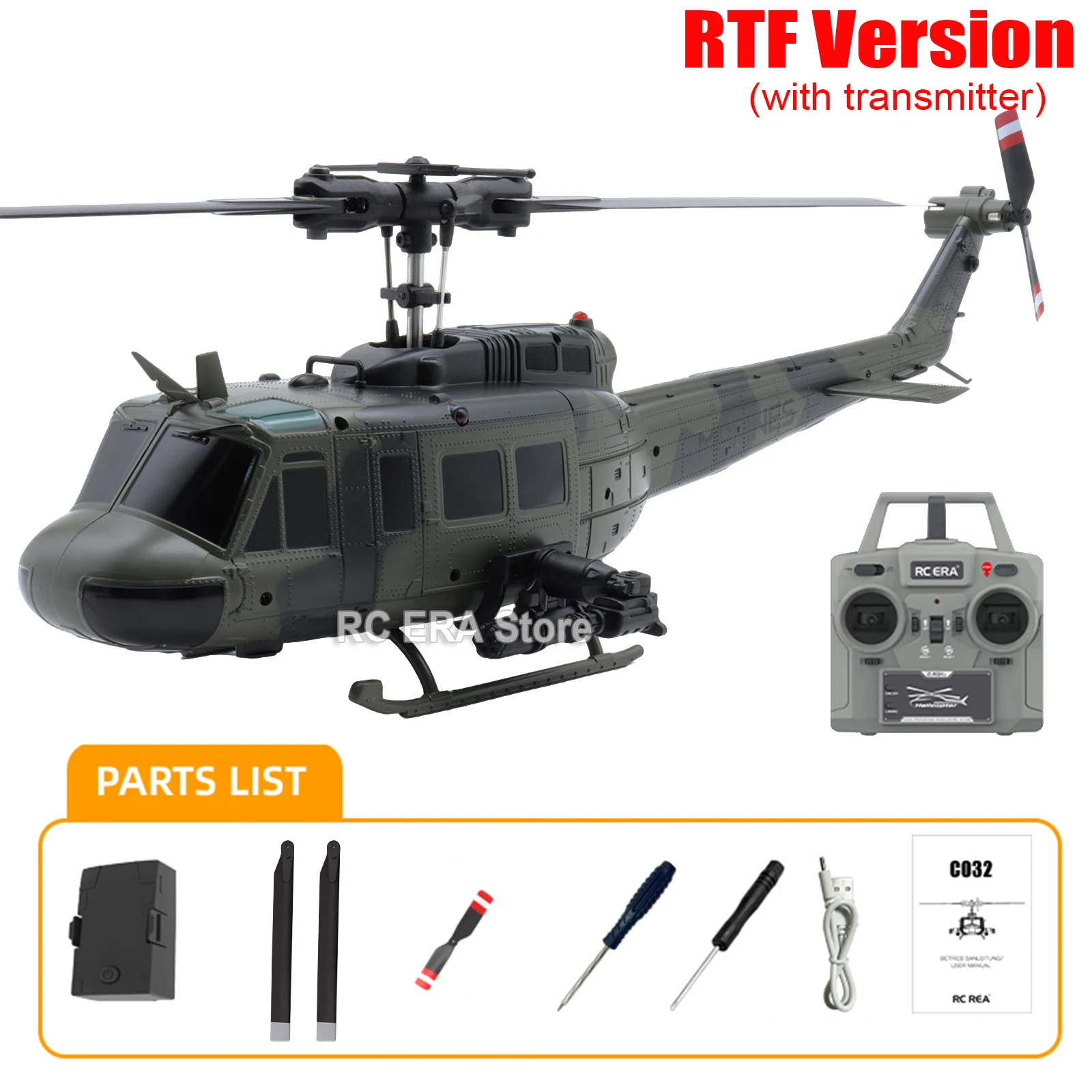 RC ERA C032 UH1 Huey Weathered Marine 6-Kanal-RC-Hubschrauber mit optischem Fluss TOF, automatisch stabilisierte Fernbedienung, Hobbyspielzeug für Jungen