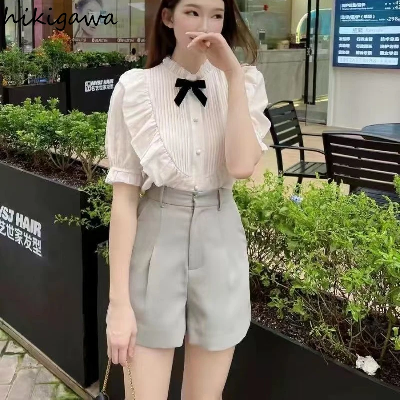 2024 Women Clothing Summer Two Piece Sets Short Sleeve Folds Ruffles Blouse High Waist Tunic Shorts Outfits Fashion Korean Suit