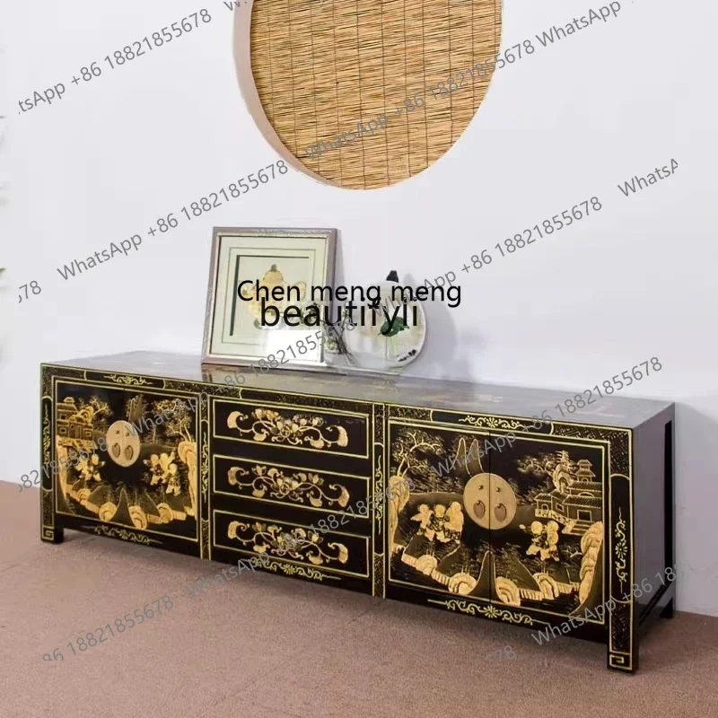 ss8350 Chinese furniture solid wood TV cabinet storage, retro and old, traditional gold-painted short cabinet decorative cabinet