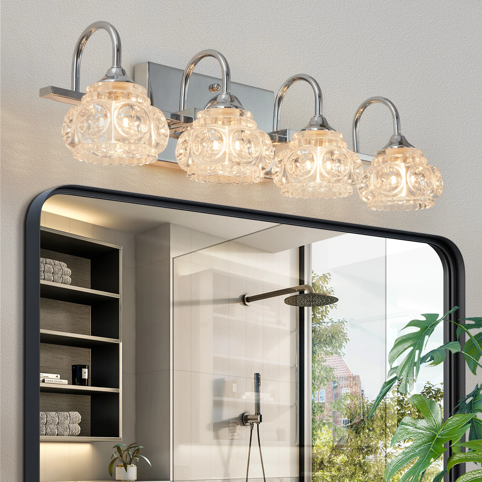

23" Brushed Nickel Finish Vintage Crystal Vanity Light - Elegant 4-Light Bathroom Mirror Fixture with Clear Glass Shades