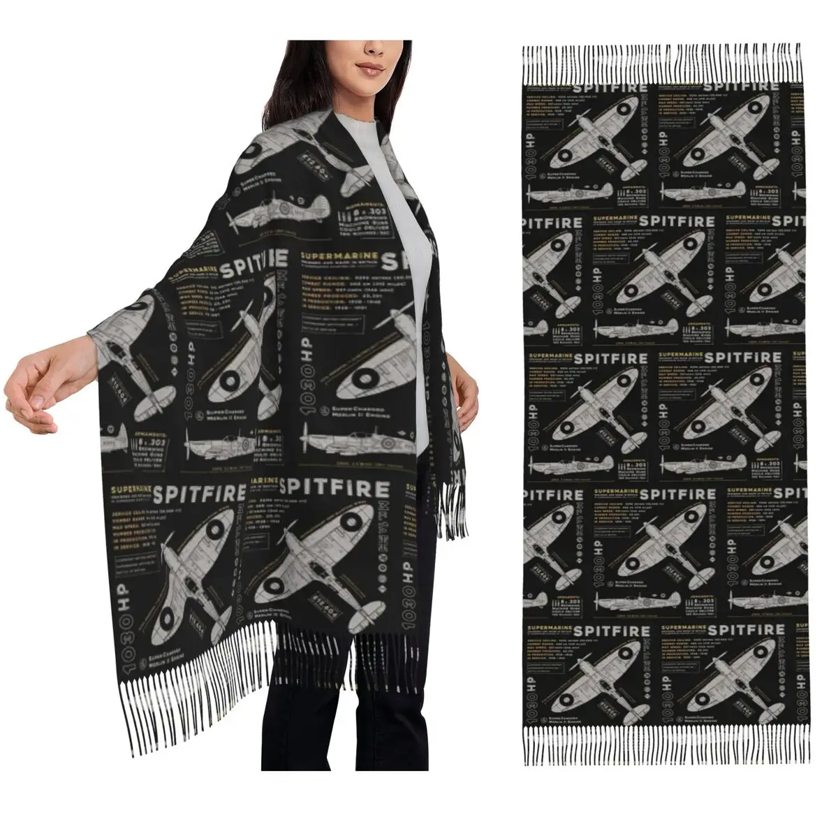سوبر مارين Spitfire مقاتلة الطيار الطائرات طائرة وشاح شرابة الأوشحة النساء شالات ويلتف كبير الخريف الشتاء شال التفاف