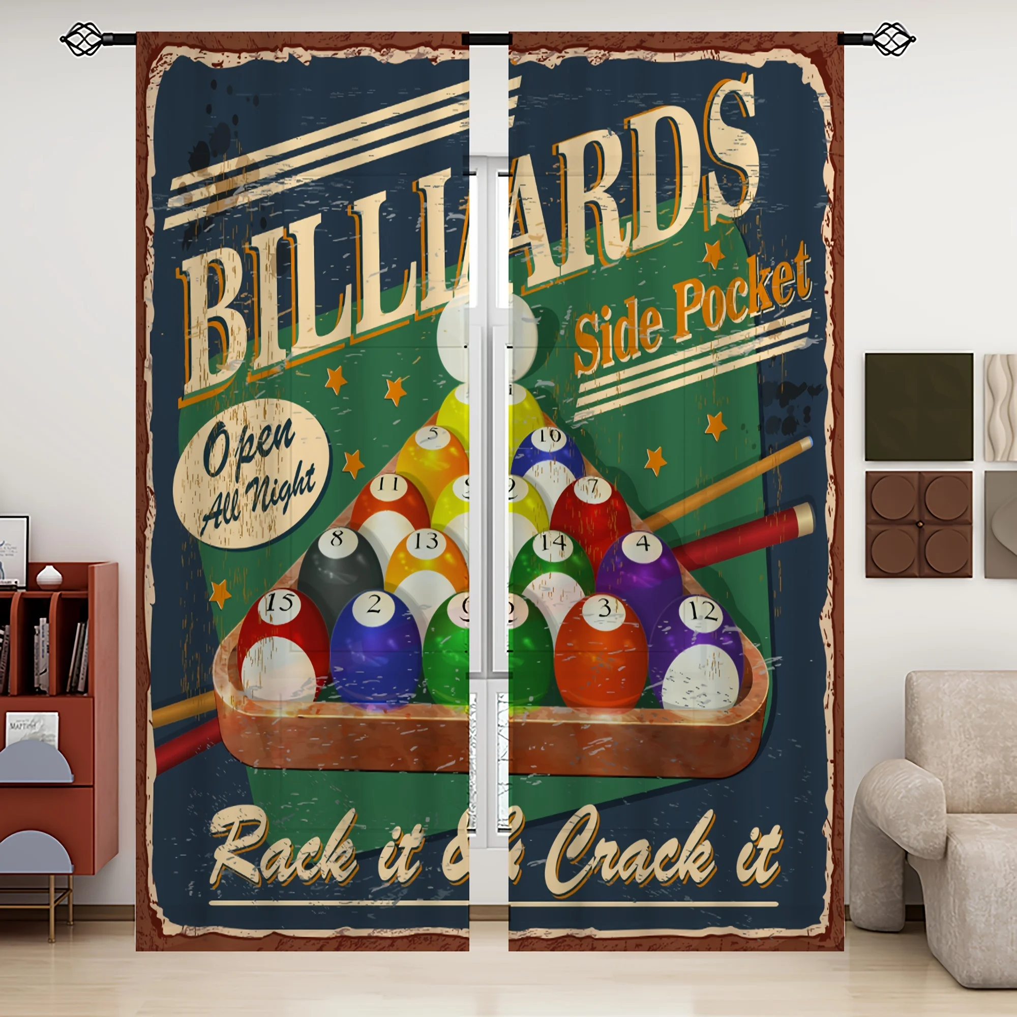 Vintage Billiards Curtain, Retro Pool Balls Window Drape, Snooker Game Room Blackout Panel, Man Cave Bar Home Decor