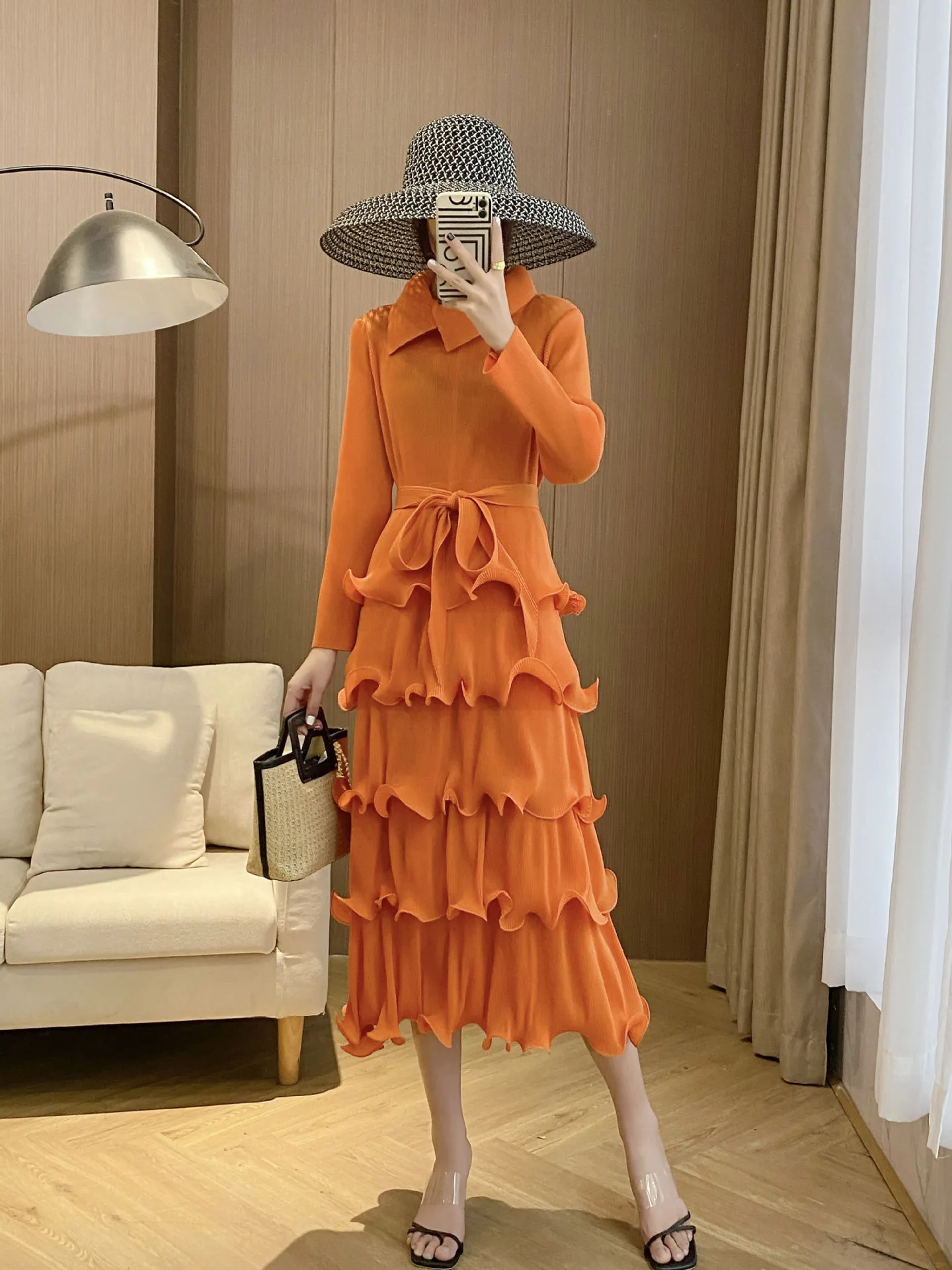 Ansman Miyake Pleated DressLong-sleeved Lapel Lotus Leaf Hem Fashion Elegant Female Solid Color Dresses For Women 2023 New Style