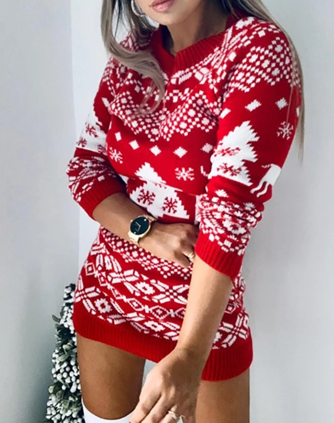 Christmas Reindeer Mixed Print Woman Clothing 2023 Spring Fashion Casual Round Neck Long Sleeve Daily Mini Sweater Dress