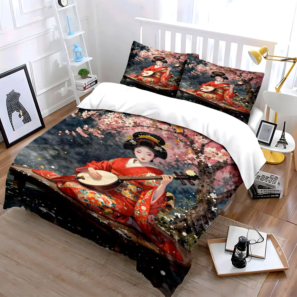 Japanese geisha in red playing the piano Print Bedding Set 1 Duvet Cover 2 Pillowcases for Adult and Children Luxury Gift