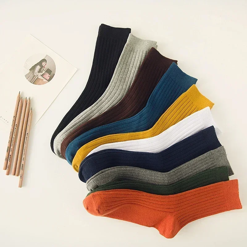 Vintage Fashion Multi-Colors Men's Socks Autumn Spring Cotton Rib Solid Colors Basic Daily Socks Men Boys