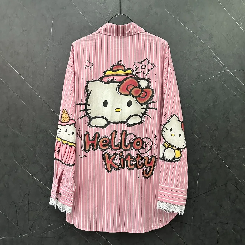 ハローキティトレンド女性のシャツストライプ長袖ルーズトップスかわいい女の子カジュアル Tシャツストリート原宿シャツ 2025 春