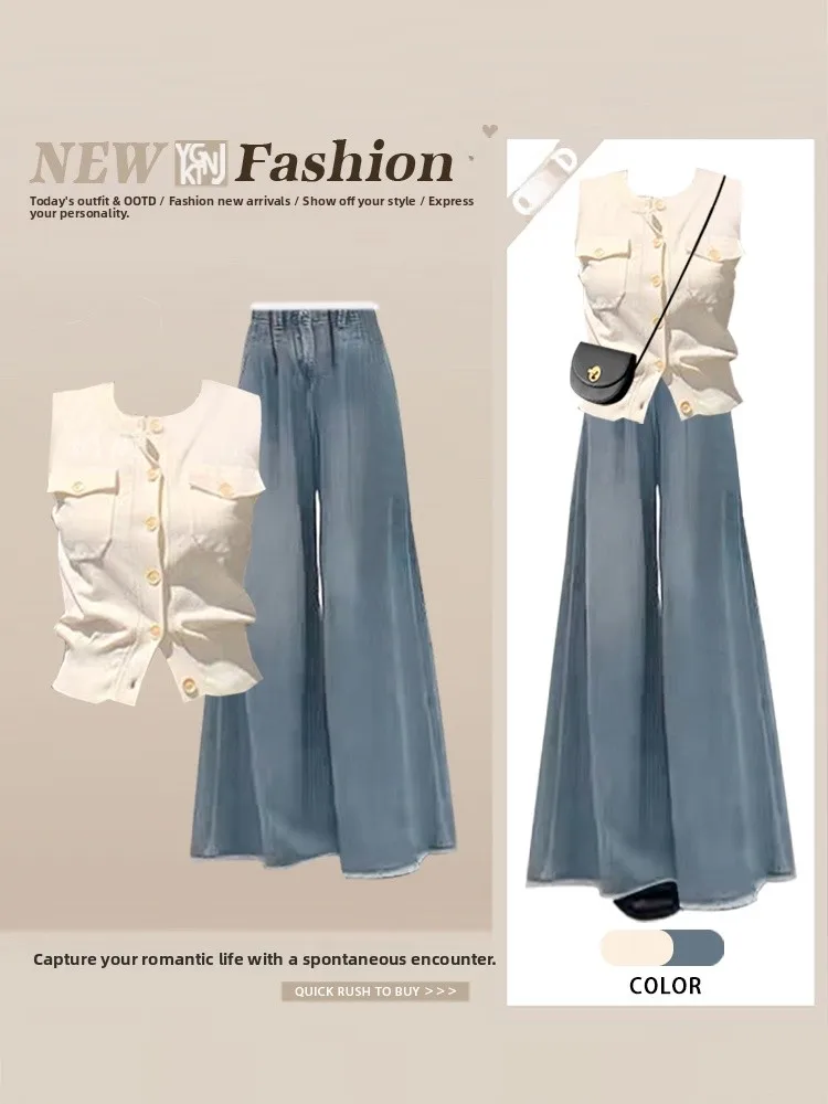 

Retro Style High Waist Drapey Denim Top And Vest Sleeveless Shirt And Shorts Set Slimming Effect Fashionable Women's Outfit