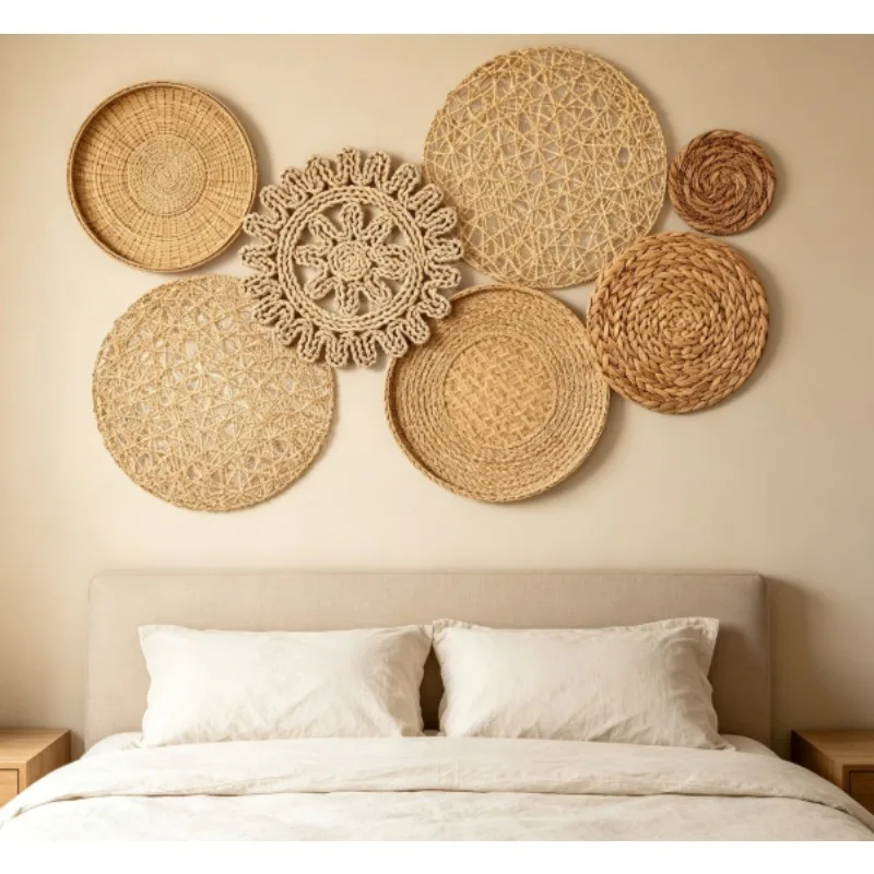 7pcs/set Bohemian Hand-Woven Hanging Straw Wall Decor for Homestay Entryway Living Room Wall Hanging Decorative