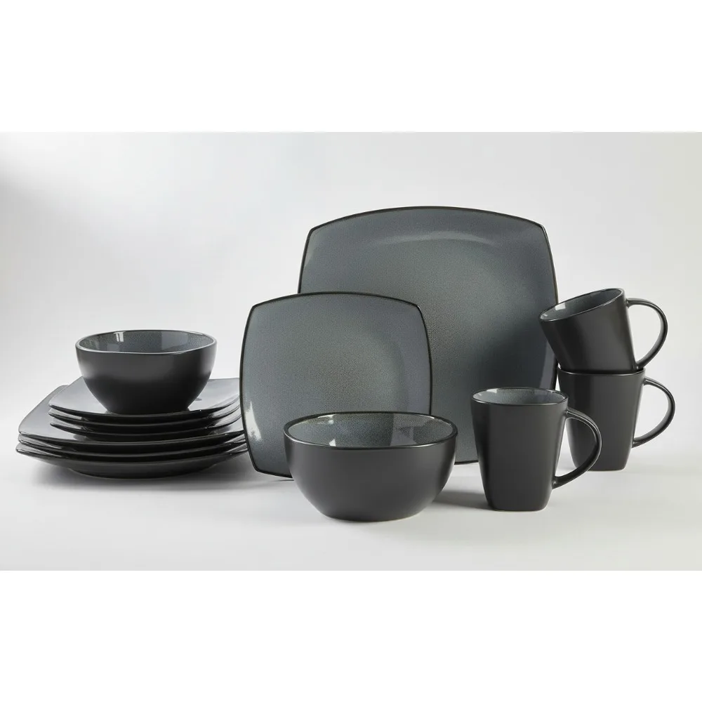 

Современный квадратный набор столовой посуды из камня с реактивной глазурью, сервиз на 4 сезона (16 шт.), можно мыть в посудомоечной машине и в микроволновой печи, элегантный подарок