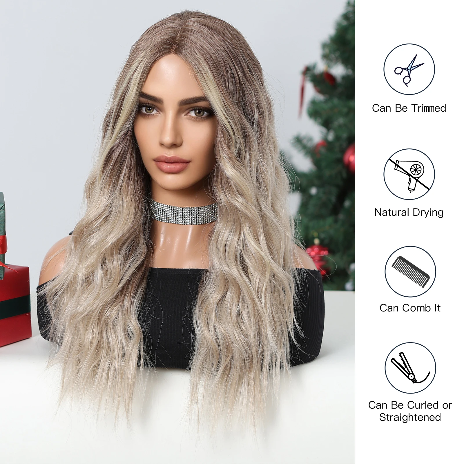 Lace Front Synthetic Wigs 13x1Lace Wig Long Water Wave Black Gray Blonde Ombre Wig Transparent Lace Wig for Women Christmas Use