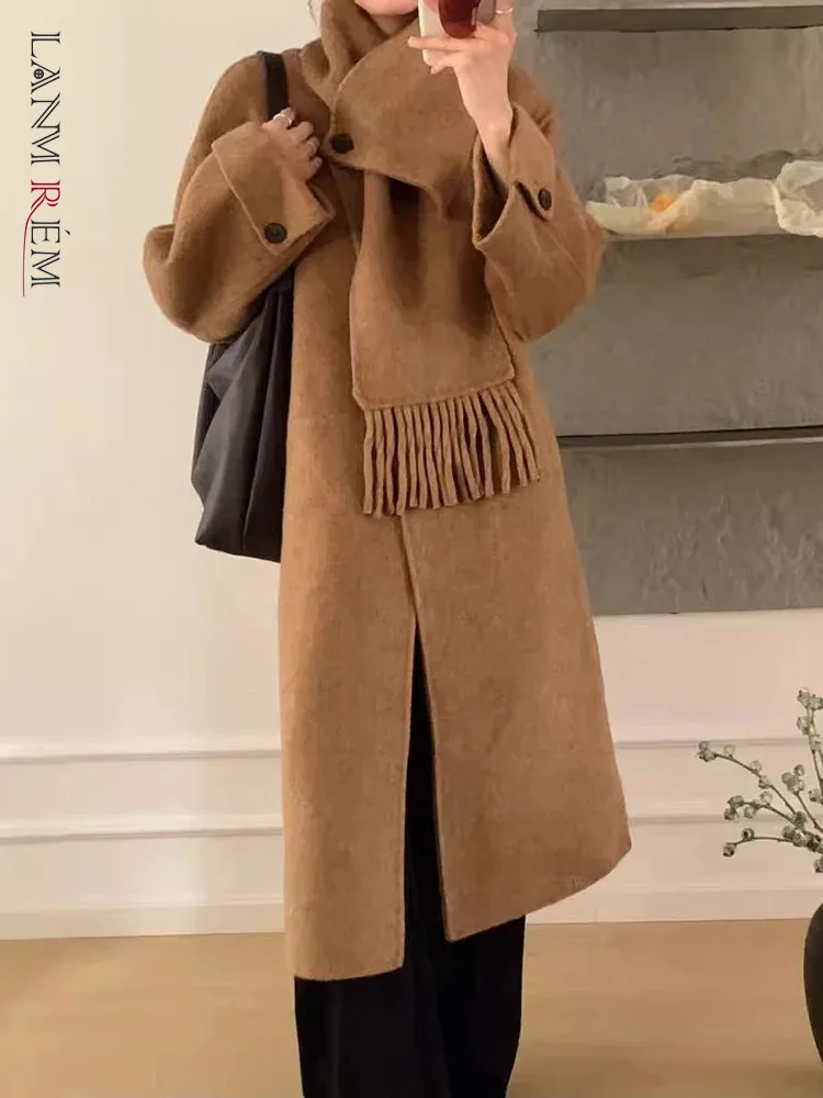 

LANMREM Korean Style Wool Long Coat Women Scarf Round Neck Solid Color Warm Clothing Fashion 2024 Female Winter New 2VV375