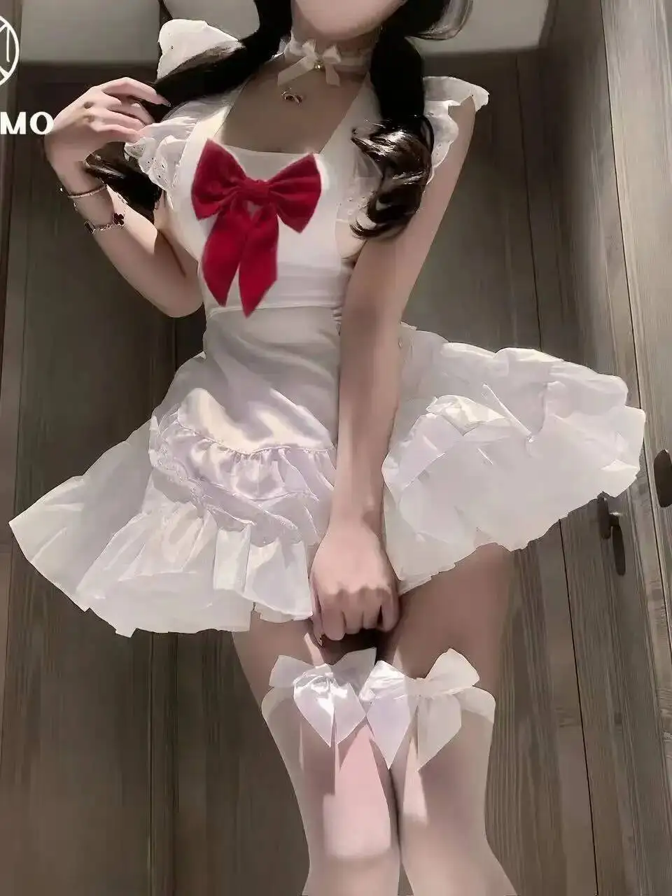 Pure Desire Backless Deep V Dress Casaul Suspenders Sleeveless Dress Charming Bowknot Maid Apron Lace Trimmed Dress Elegant BLND