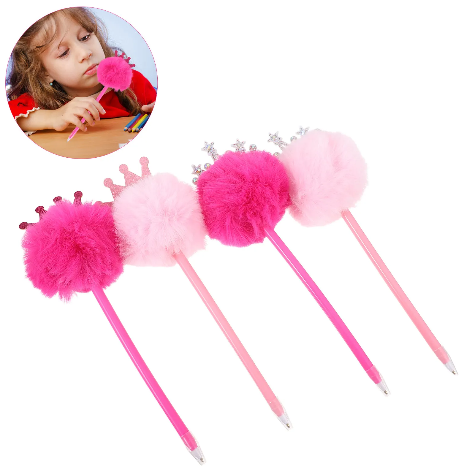 

Набор из 4 ручек-помпонов с короной, милые шариковые ручки, необычные канцелярские принадлежности для школы, офиса, вечеринок, забавные канцтовары
