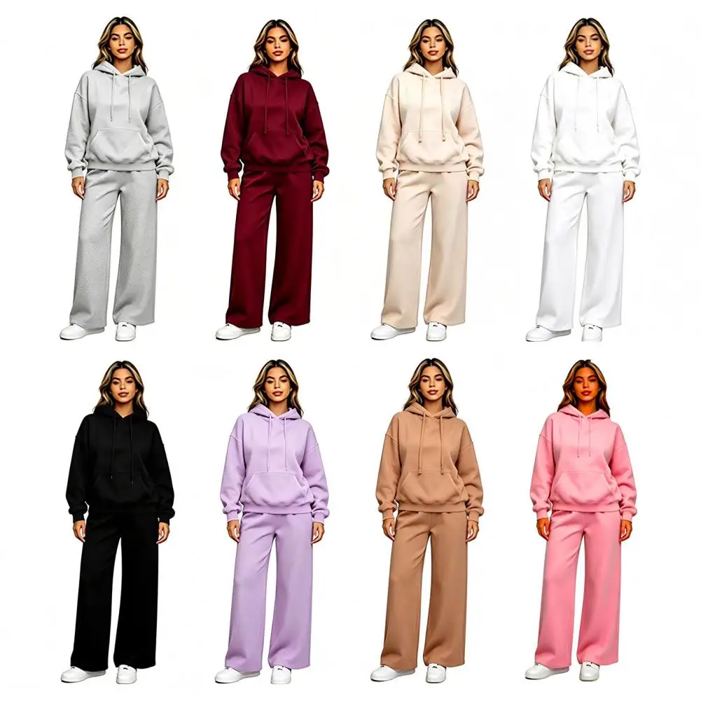 Women's Oversized Matching Sets Sweatsuit Drawstring Hooded Casual Solid Color Sweatshirt With Pant Sets Jogger Activewear