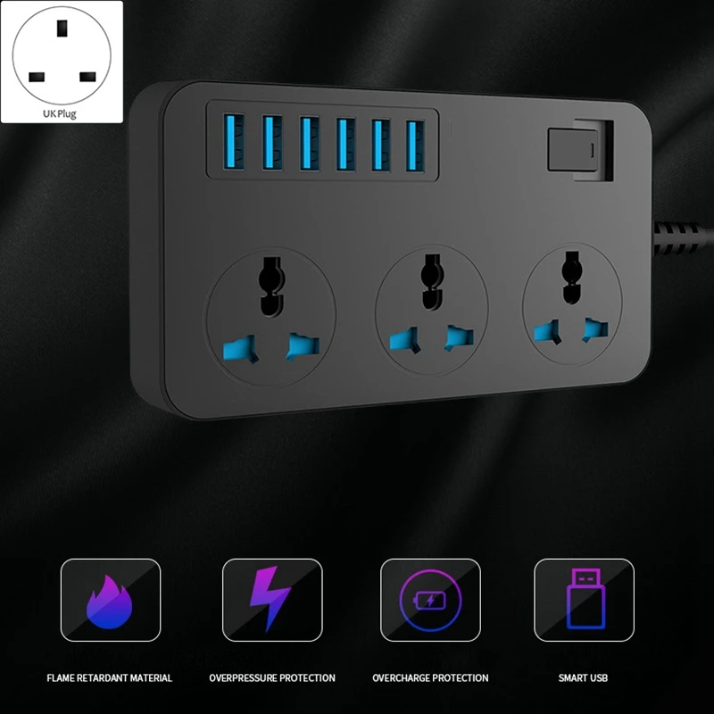 Power Strip with 3 Outlets 6 USB 5V 3A Ports 3000W 16A 6.5 Feet Extension Cord Surge Protector,White-UK