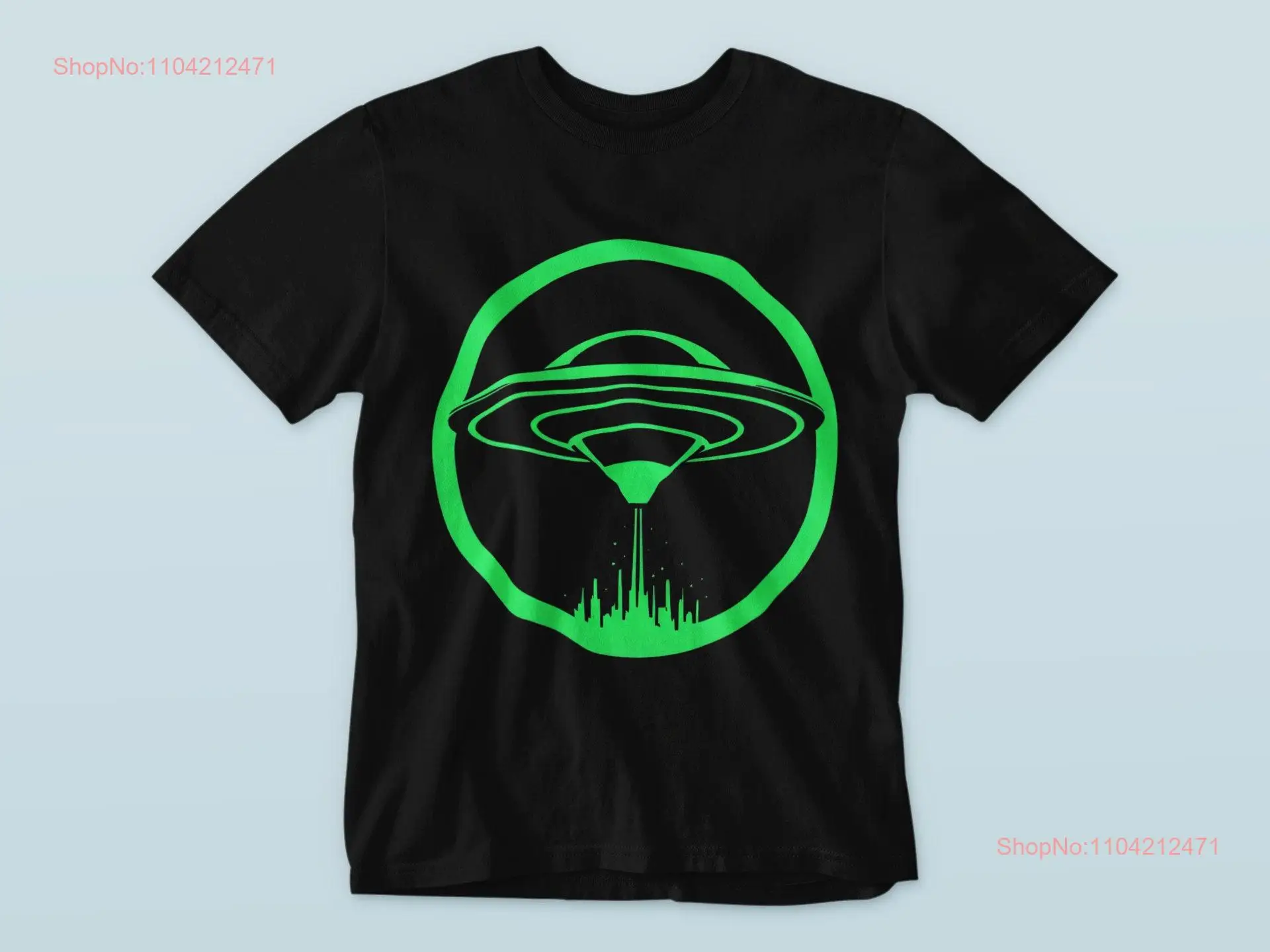 Retro Neon UFO T Shirt Unique Sci Fi Alien Abduction Futuristic Space Design Softstyle long or short sleeves