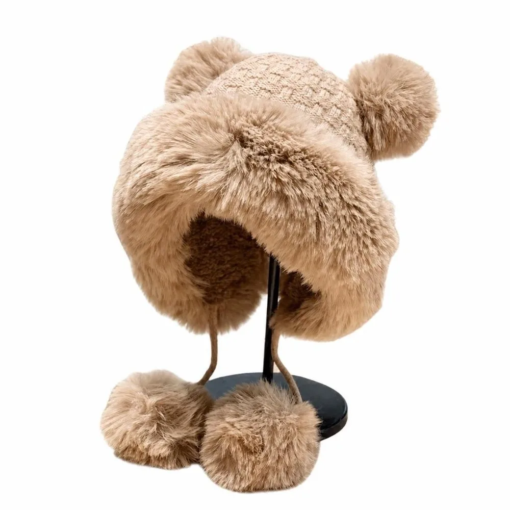 Warm Lined Bear Ear Knit Hat Thermal Insulation Windproof Earflap Hat 4 Pom Poms Fluffy Winter Knit Cap Outdoor