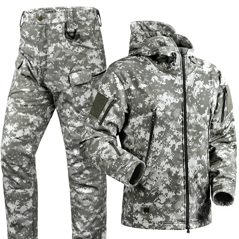 Conjunto de 2 piezas táctico impermeable para hombre, chaqueta con capucha de piel de tiburón a prueba de viento, pantalones Cargo con múltiples bolsillos, traje de uniforme