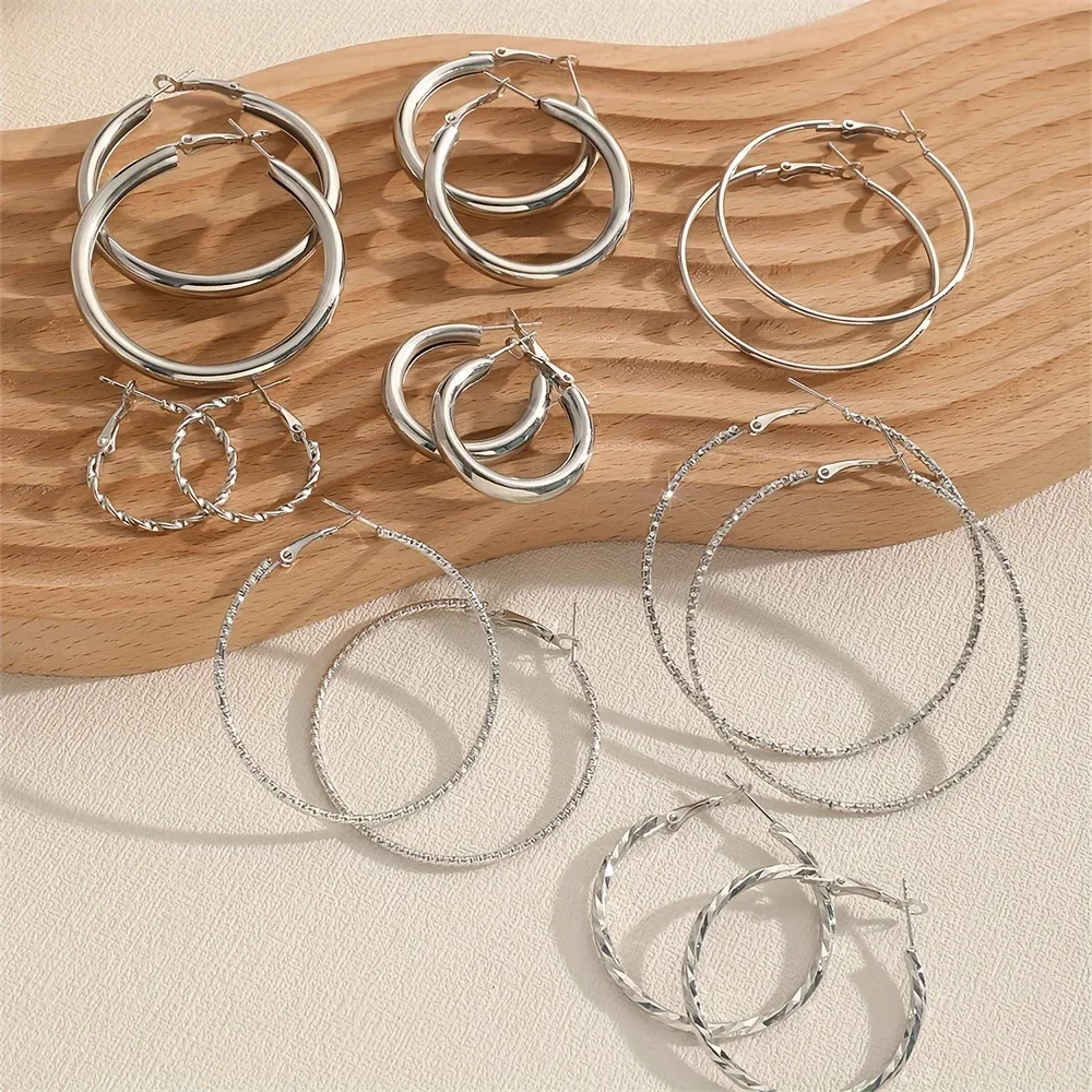 8 Pairs Set Of Hoop Earrings Alloy Jewelry Elegant Simple Style For Women  Daily Wear Delicate Set Gifts image 3