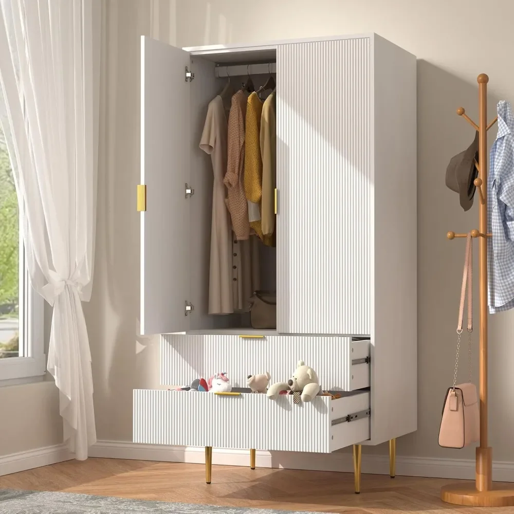 Armoire Closet with 2 Doors and 2 Drawers, Hanging Rail, Functional Clothes Storage Cabinet for Bedroom or Apartment