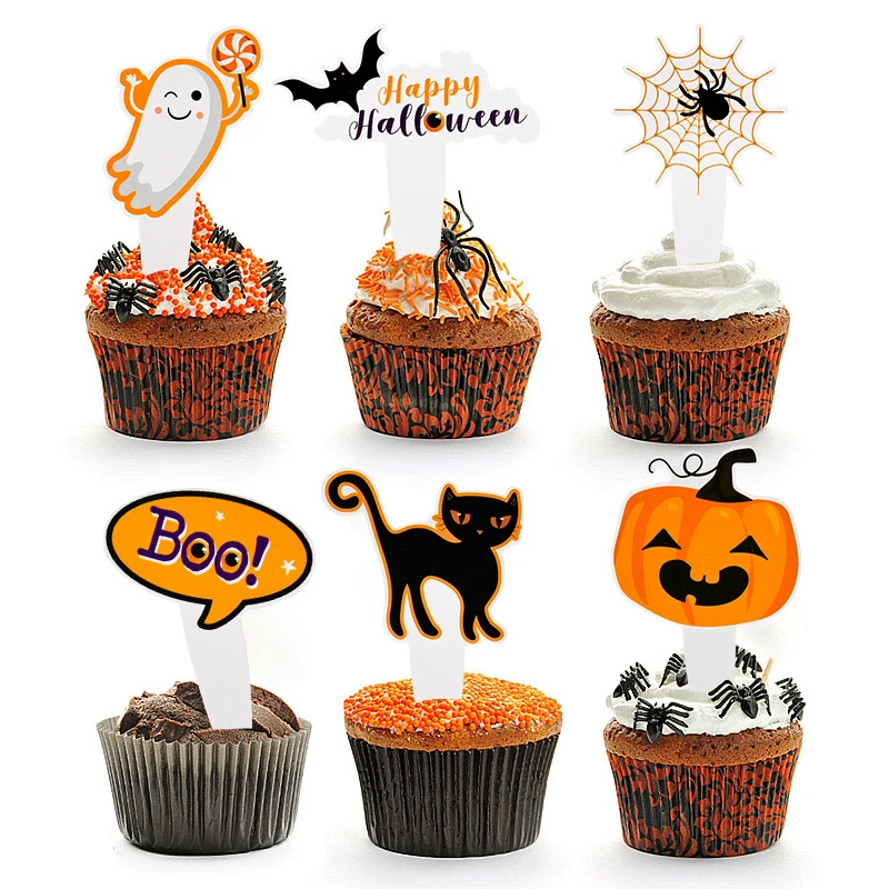 16/48pcs Halloween Cupcake Toppers Cartoon Pumpkin Ghost Bat Cake Dessert Decoration Kids Halloween Birthday Party Supplies Gift