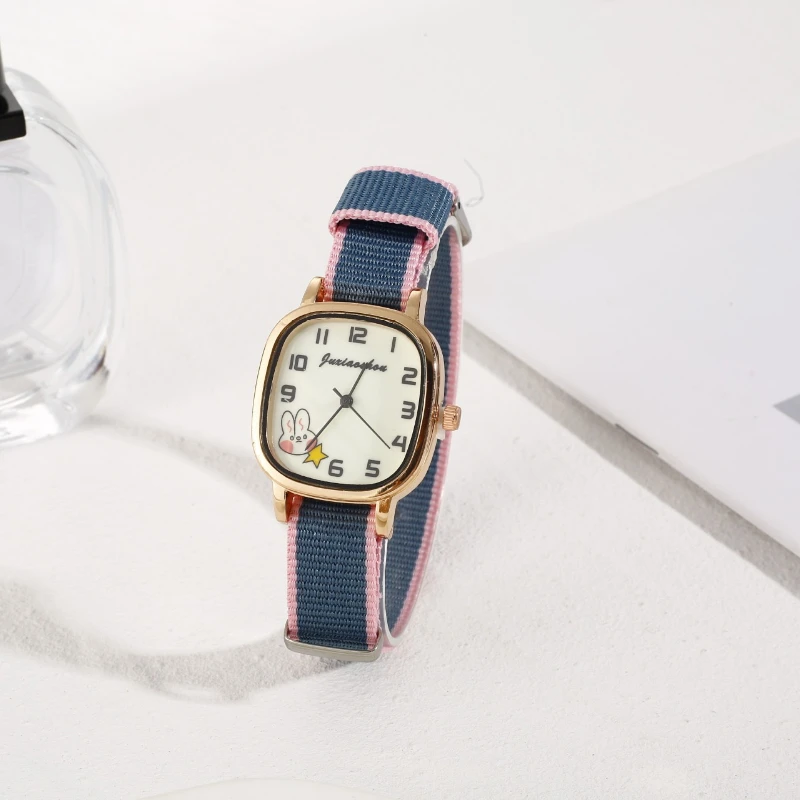 Retro Simple Rabbit Square Watch Strap Color Blocked Student Children's Watch Cute Star Pattern Dial Gift