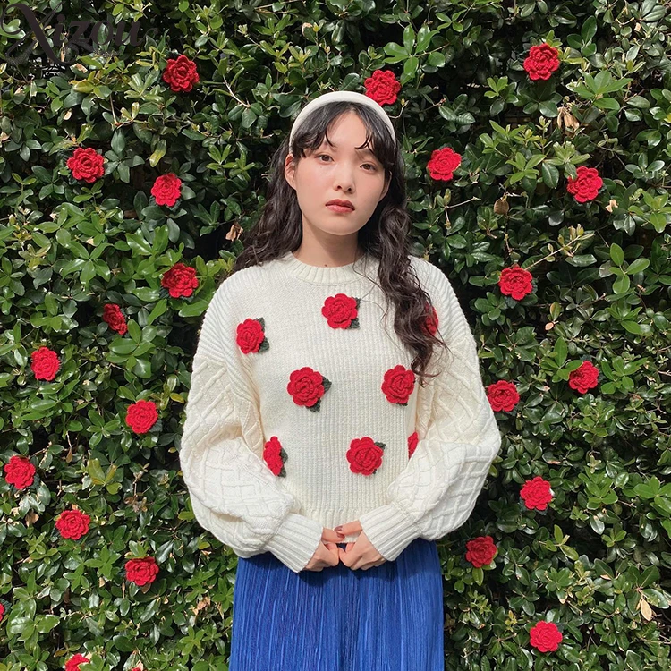 

Japanese Niche Sweet Sweater Top Casual O Neck Handmade 3D Crochet Cute Batwing Sleeve Short Women's Knitted Sweaters