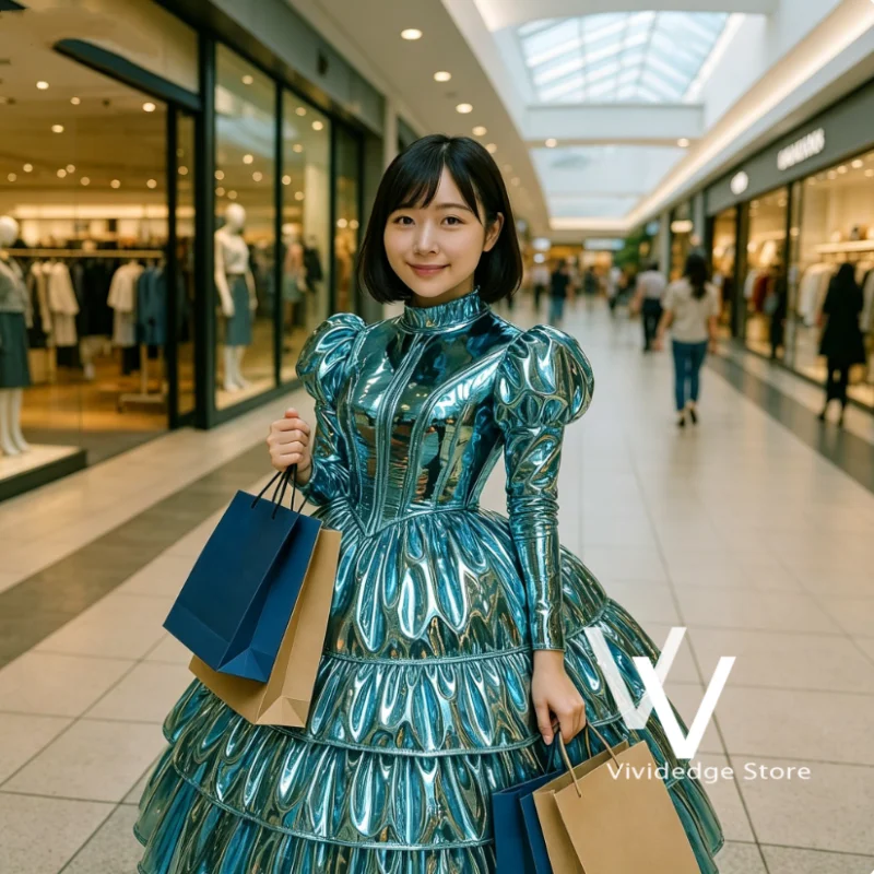 Traumhaftes blaues, flauschiges Ballkleid, glänzendes, hochgeschlossenes viktorianisches Kostüm mit langen Ärmeln, elegantes, wadenlanges Abendkleid, maßgeschneidert