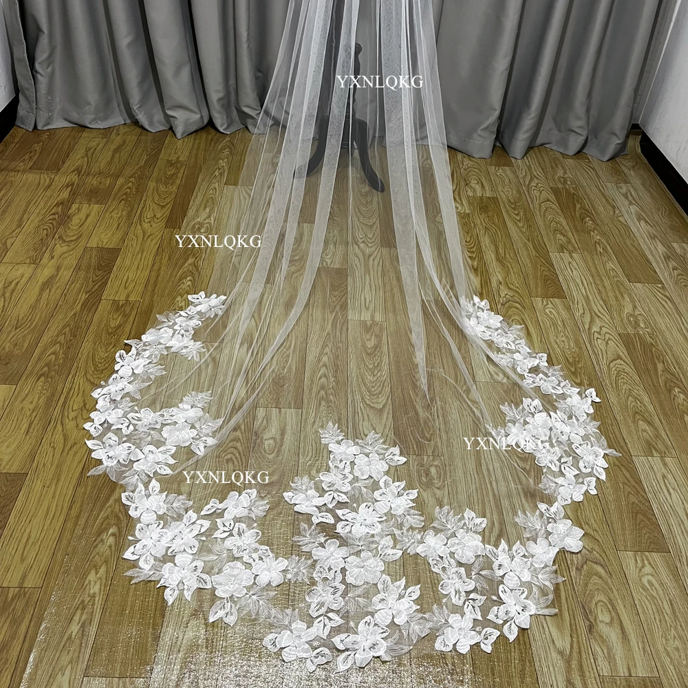 หอยเชลล์ที่สวยงามดอกไม้ Lace Wedding Veil 3เมตร1ชั้น Soft Tulle Cathedral Ivory ผ้าคลุมหน้าเจ้าสาวด้วยหวีอุปกรณ์จัดงานแต่งงาน