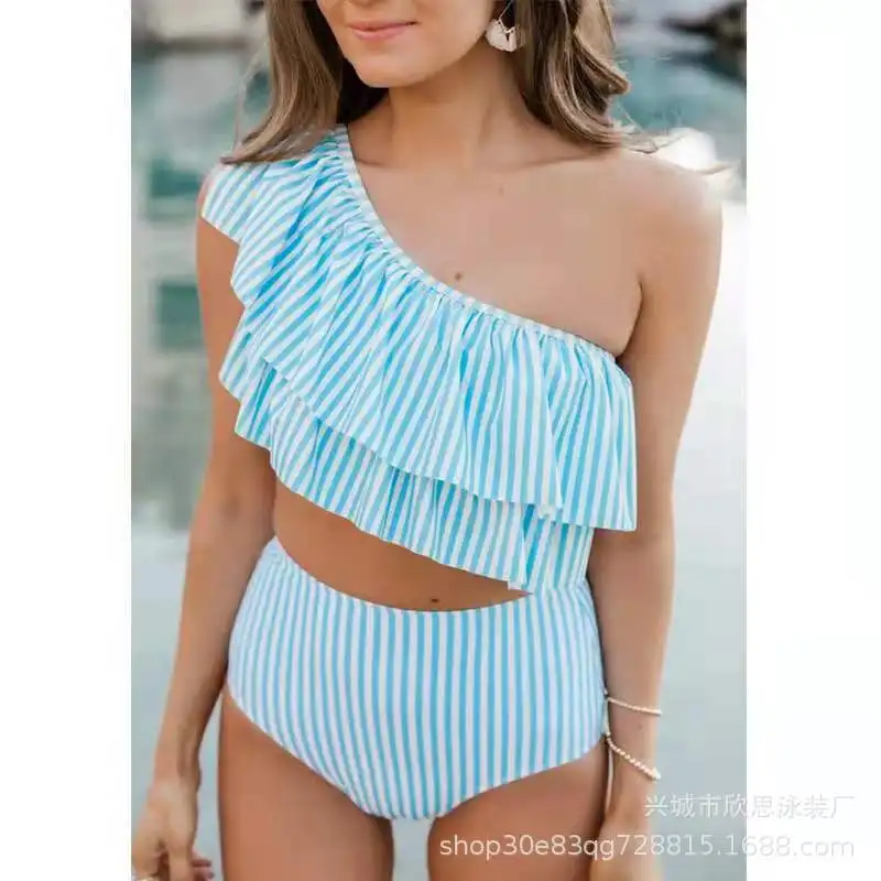 بدلة سباحة مخططة بكتف واحد مكشكشة مكونة من قطعتين مع وسادة صدر، بيكيني مثير عالي الخصر للنساء على طراز العطلة ملابس سباحة للتخسيس