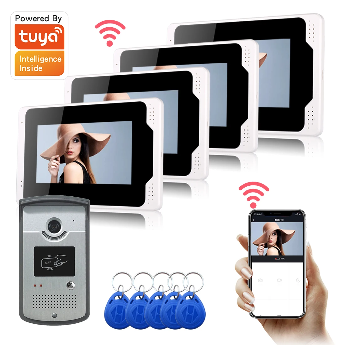 

7 inch 1~4 Monitors Wifi Wireless RFID Video Door Phone Doorbell Intercom System with Wired 1080P camera