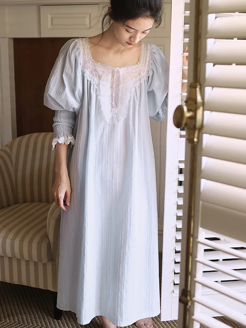 Women Pure Cotton French Fairy Pajama Nightdress Vintage Princess Long Sleeve Mesh Spring Autumn Victorian Nightgowns Sleepwear