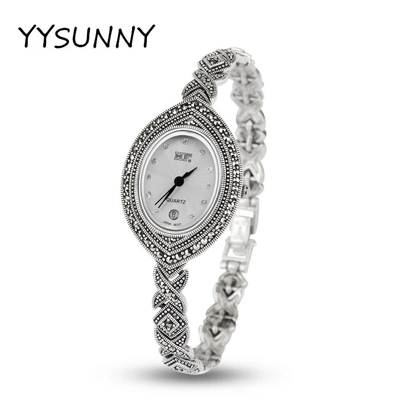 YYSUNNY Vintage S925 Sterling Silver Ladies Quartz Oval Watch Fashion Bracelet Festivel Birthday Party Gift High Jewelry