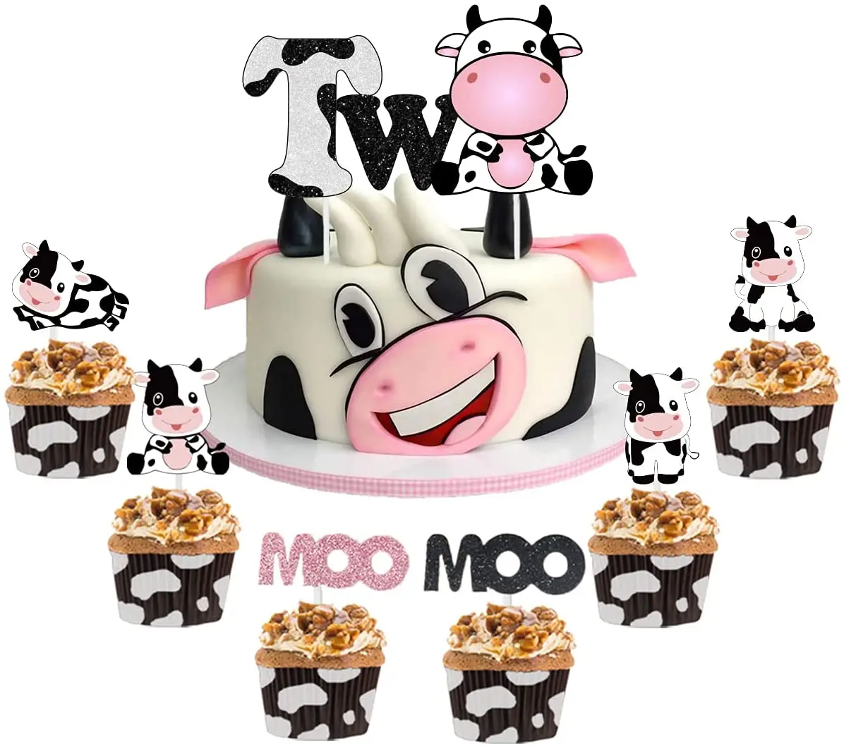 Cow Cake Topper Set for 2nd Birthday with  24 Pack Cupcake Picks Girls Cow Moo Moo Themed Second Birthday Party Decorations