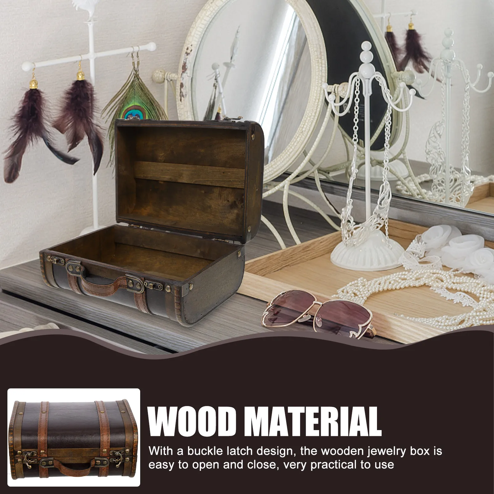 

Винтажная деревянная шкатулка для украшений, портативный прочный органайзер для хранения ювелирных изделий, колец, серег, браслетов и мелочей