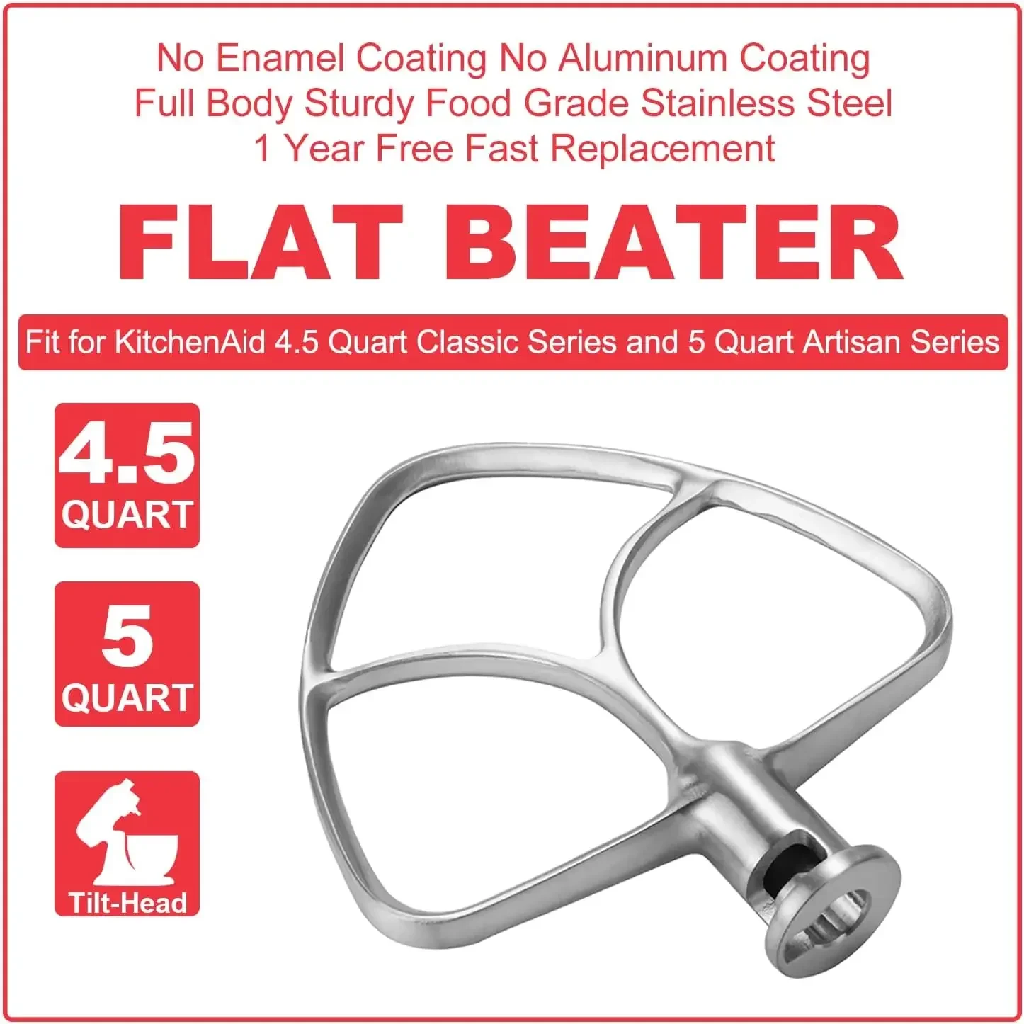 For KitchenAid 4.5-5QT Stand Mixers Stainless Steel Flat Beater Accessories Replacement for KitchenAid Mixer Attachments