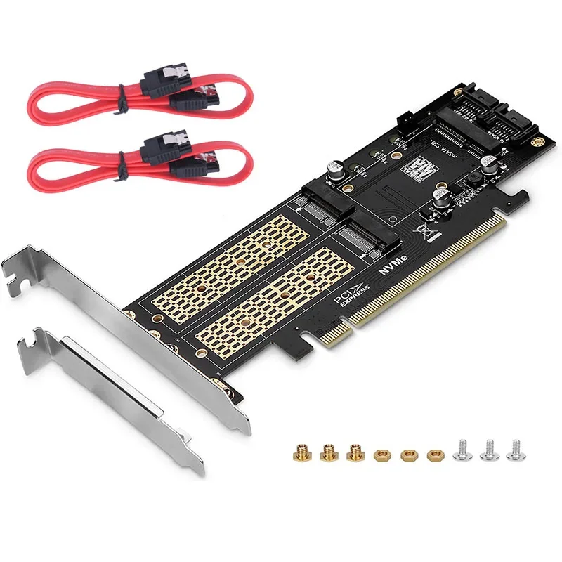 M.2 NVMe NGFF to PCI-E 4X Triple Drive Adapter B+M Key mSATA Three-in-One SSD Expansion Card for Desktop PC Storage Upgrade