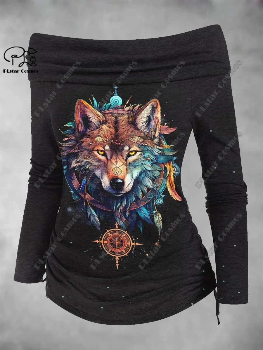 

PLstar Cosmos 3D printed animal series cute pattern art print off-shoulder pleated tight T-shirt women's casual top D-5