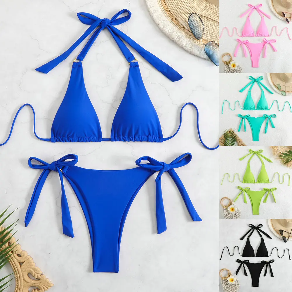 2025 Sexy Two-piece Women's Solid Swimsuit Tight Push-up Swimwear Summer Backless Bikini Brazilian Beach Mini Thong Bathing Suit