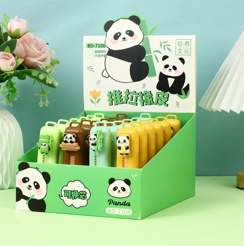 

24pcs/lot Kawaii Panda Push Pull Eraser Cute Writing Drawing Pencil Erasers Stationery For Kids Gifts School Supply