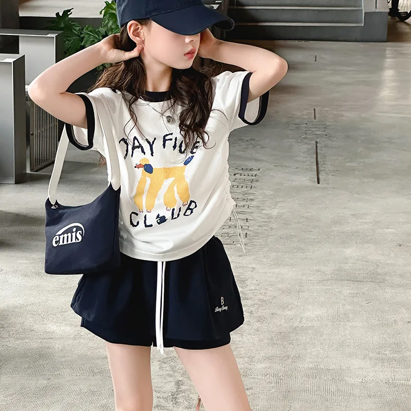 

Детский летний наряд для маленьких девочек: футболка с короткими рукавами и шорты для больших девочек, комплект из двух предметов