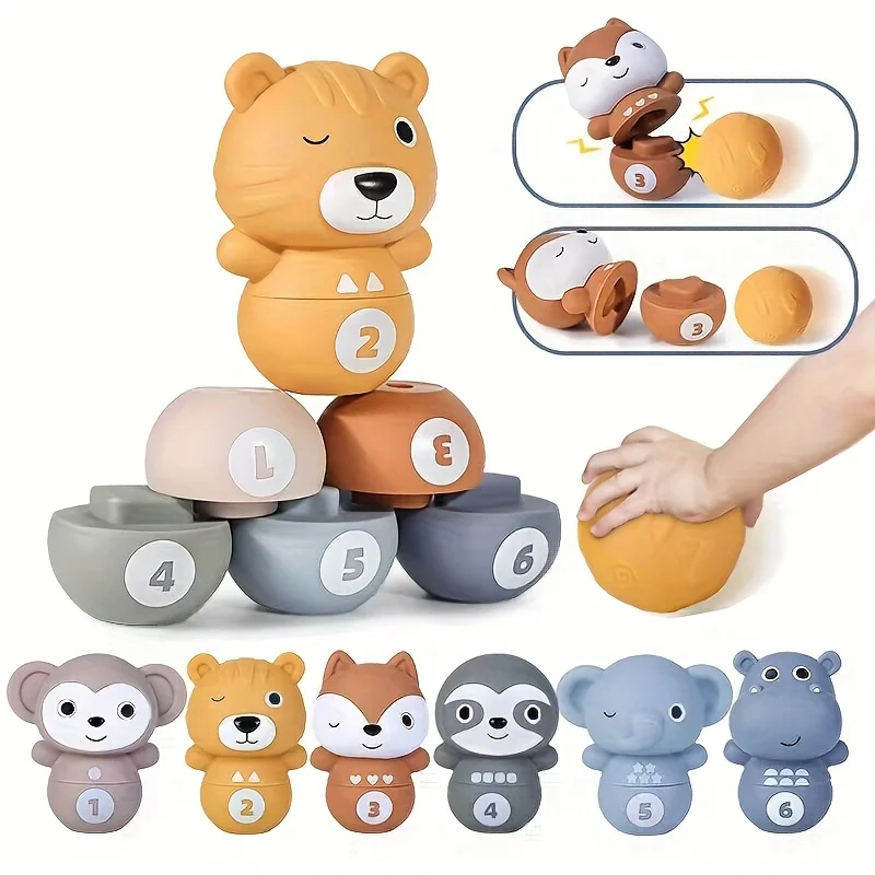 Soft Skittles Set for Babies Animal Stacking Bowling Balls Soft Toys Toddlers Sensory Educational Montessori Blocks Easy to Grip