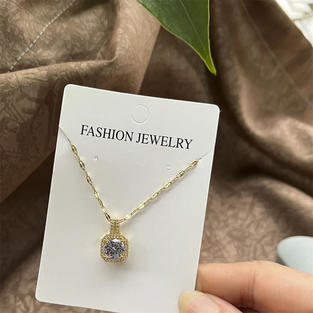 Trendy Square Cut AAA+ CZ Zirconia Pendant Necklaces White Color Filled Crystal Jewelry For Women Stainless Steel Chain Chokers