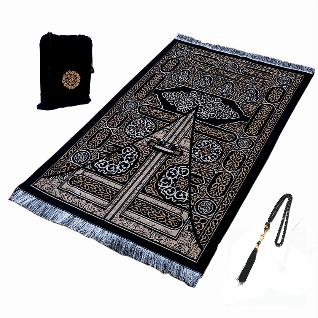 Muslim Prayer Rug Islamic Turkish Black Chenille Ramadan Washable Mat Woaven Islam Carpet Portable Muslims Rug