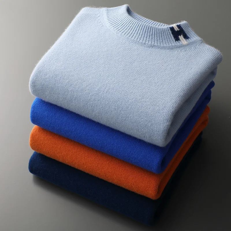 

Men's Thick Semi High Neck Pullover Sweater 100% Merino Wool Knitted Sweater Fashion Embroidery Men's Clothing Autumn Winter