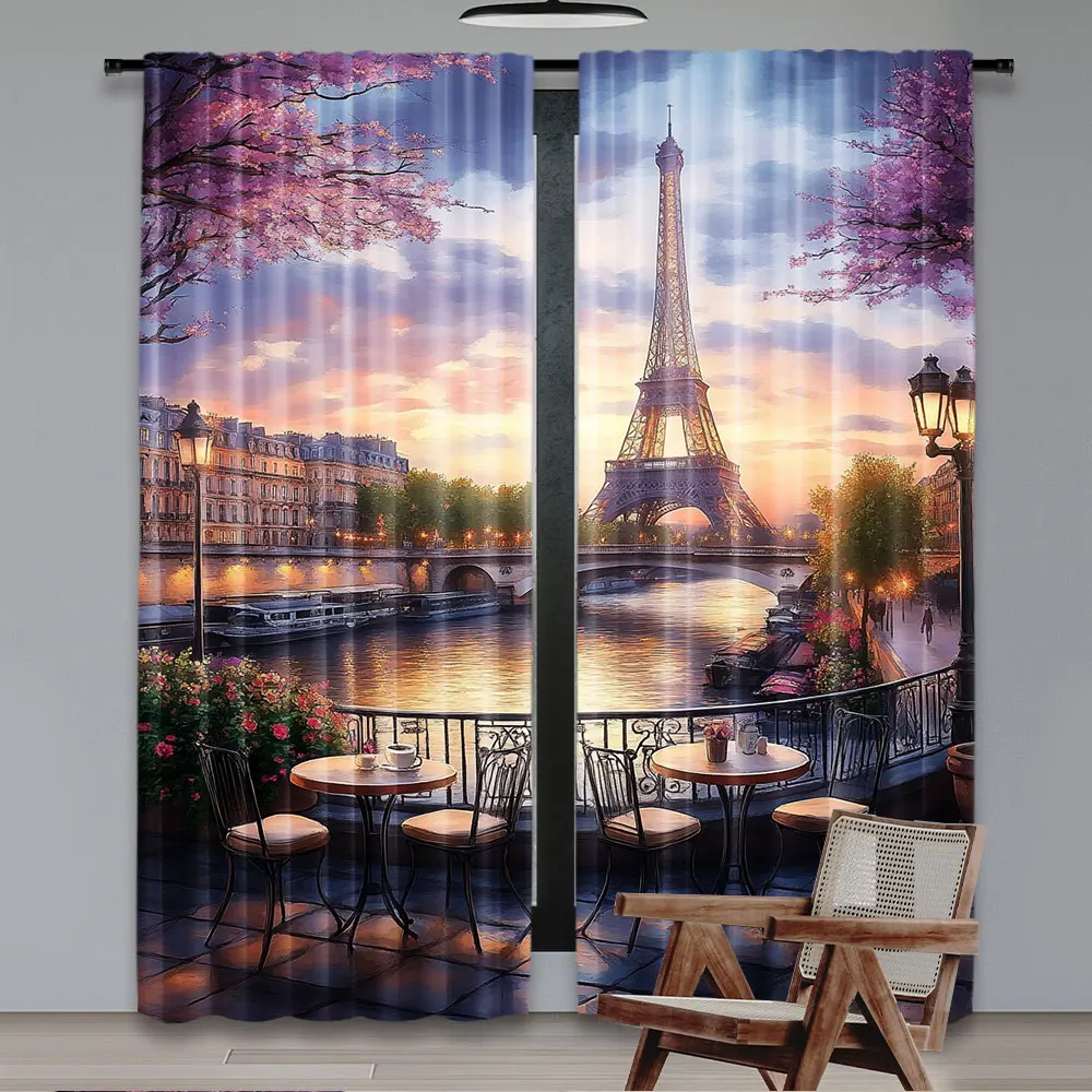 2Pcs Vintage Paris Curtains Eiffel Tower French Cityscape Curtains Cafe Romantic City Scenery Curtains Paris Themed Art Curtains