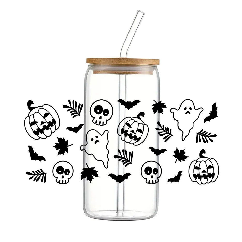Halloween Black Silhouette Ghost UV DTF Cup Wrap Sticker Decal Transfer for 16oz Libbey Can Glass 11x24cm