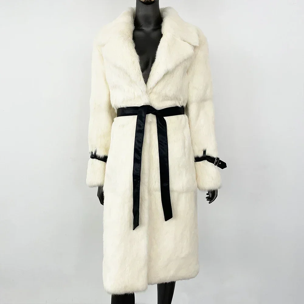 Autumn Winter Rabbit Fur Coat Over Knee Whole Leather Imported Women Thickened Warm Fur Integrated Fashion Leopard Print Coat